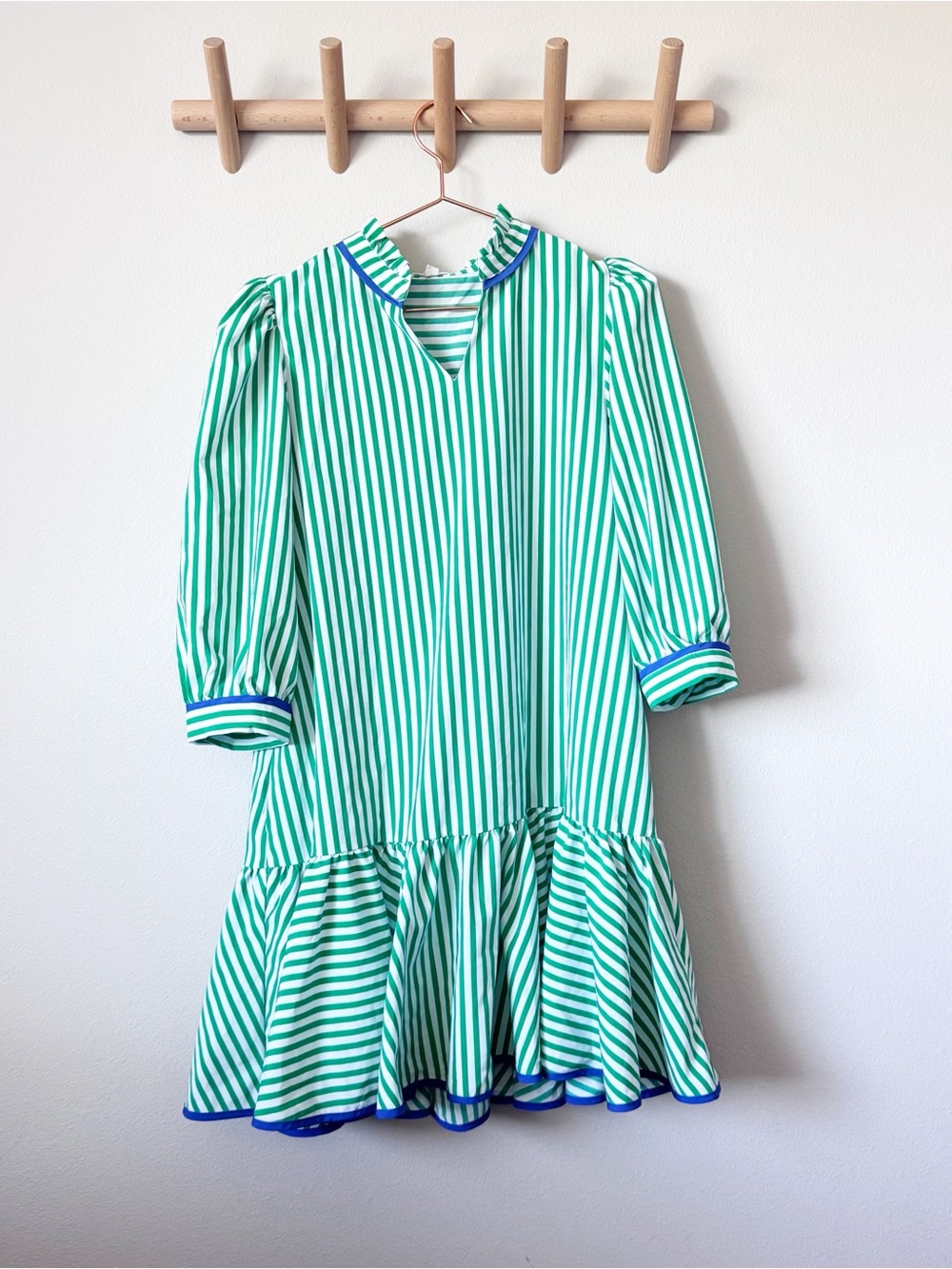 Mary Square Naomi Green and White Striped Ruffle-Hem Puff Sleeve Casual Dress